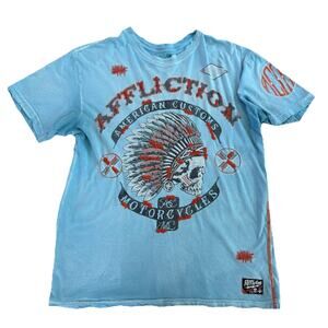 Affliction T-Shirt Mens Large Blue Graphic Skull Feathers American Customs USA